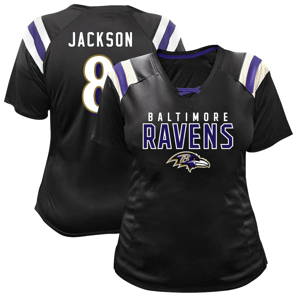Lamar Jackson Baltimore Ravens Women's Plus Size Name & Number Raglan Lace V-Neck T-Shirt - Black T-shirts