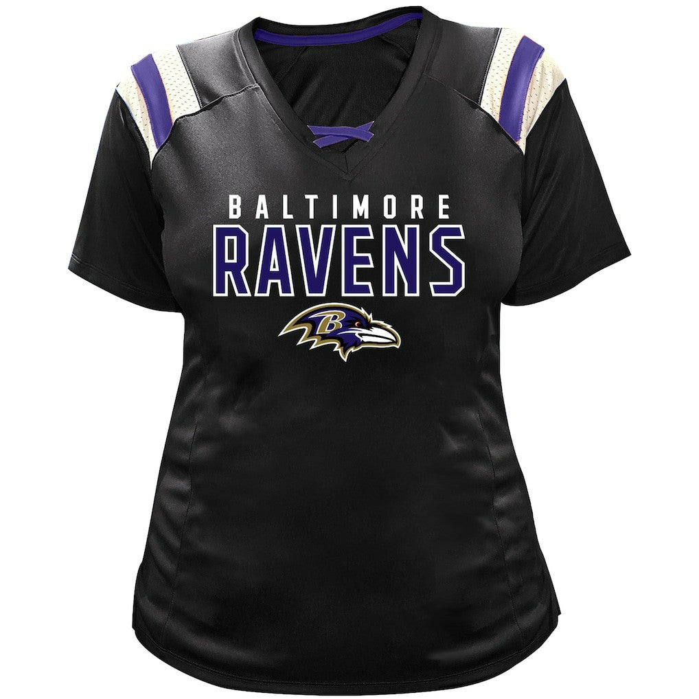 Lamar Jackson Baltimore Ravens Women's Plus Size Name & Number Raglan Lace V-Neck T-Shirt - Black T-shirts