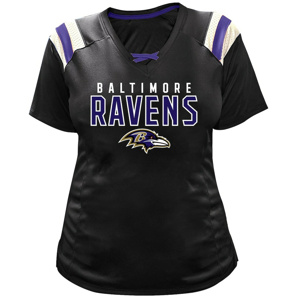 Lamar Jackson Baltimore Ravens Women's Plus Size Name & Number Raglan Lace V-Neck T-Shirt - Black T-shirts