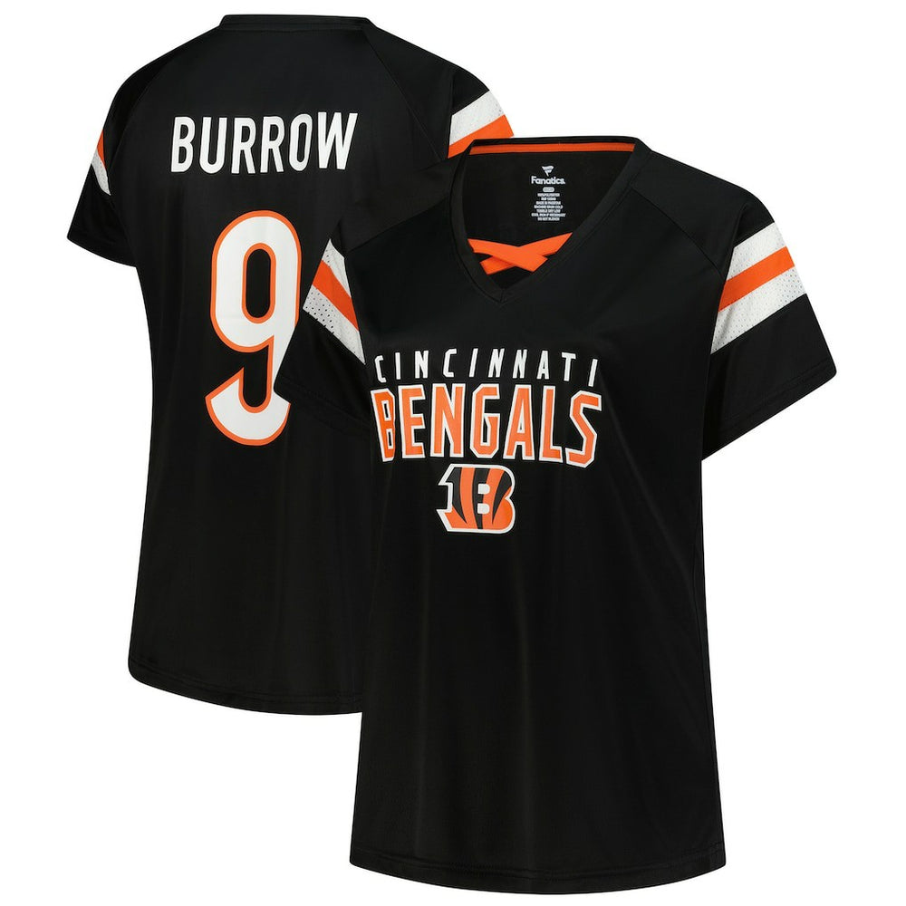 Joe Burrow Cincinnati Bengals Women's Plus Size Name & Number Raglan Lace V-Neck T-Shirt - Black T-shirts
