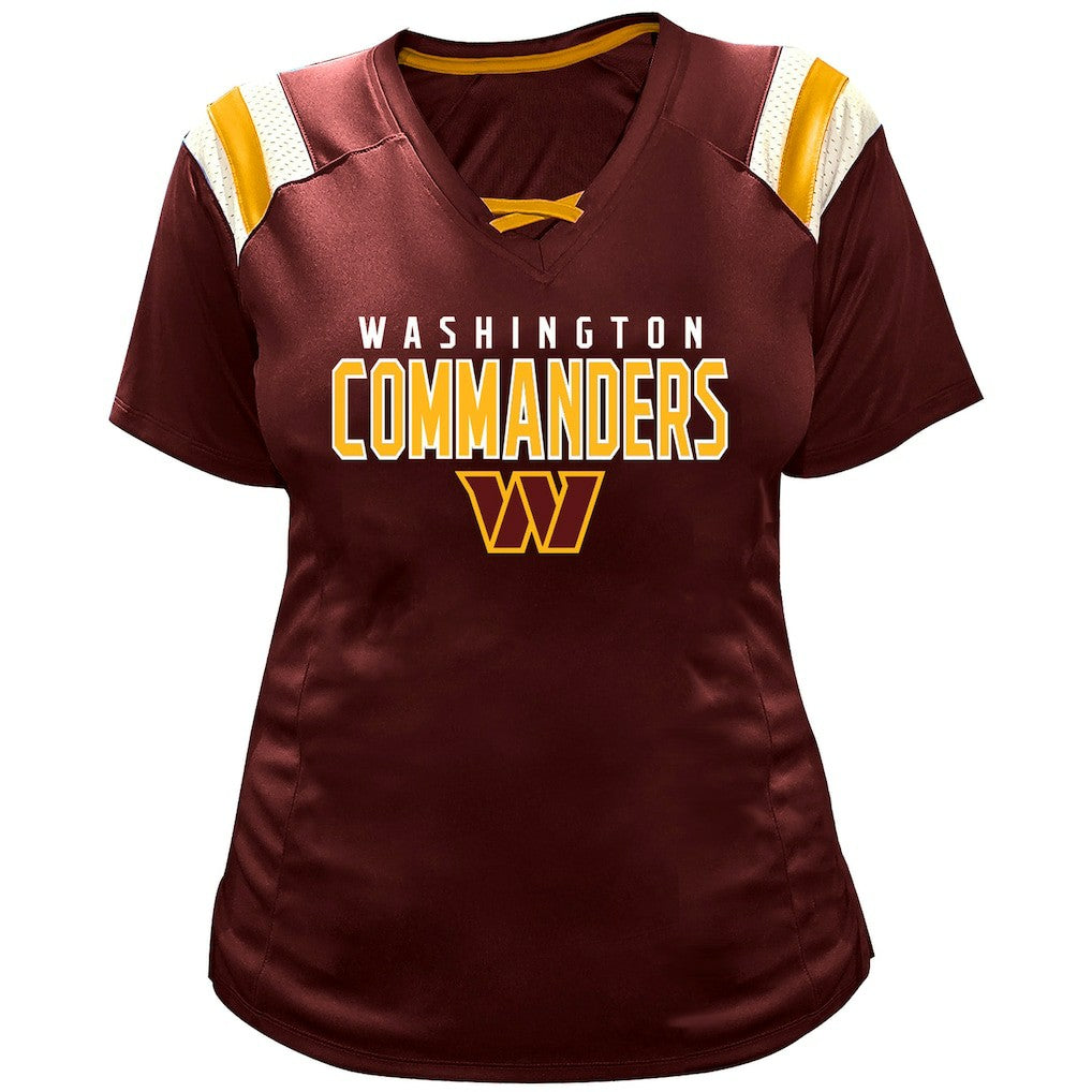 Jayden Daniels Washington Commanders Women's Plus Size Name & Number Raglan Lace V-Neck T-Shirt - Burgundy T-shirts