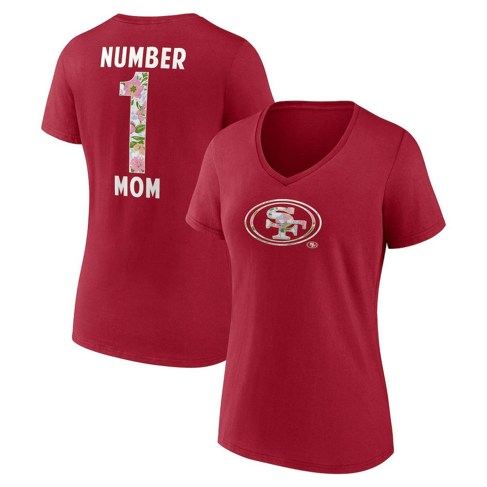 San Francisco 49ers Women's Number 1 Mom Floral V-Neck T-Shirt - Scarlet T-shirts