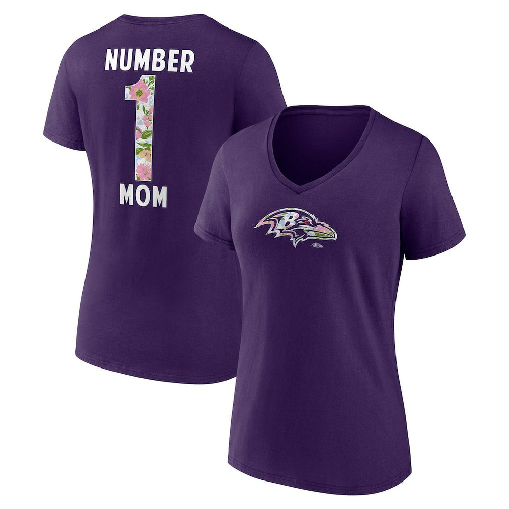 Baltimore Ravens Women's Number 1 Mom Floral V-Neck T-Shirt - Purple T-shirts