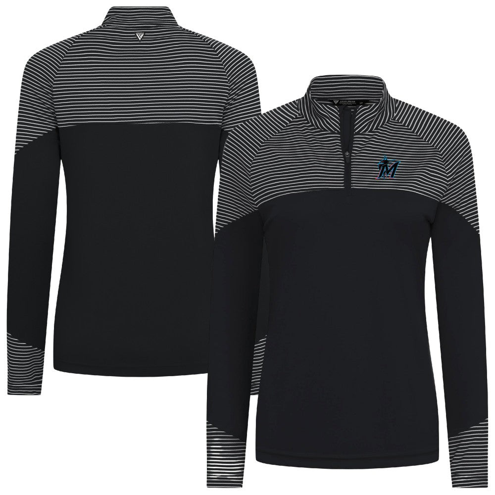 Miami Marlins Levelwear Women's Classic Stripes Insignia 2.0 Raglan Quarter-Zip Top - Black Tops