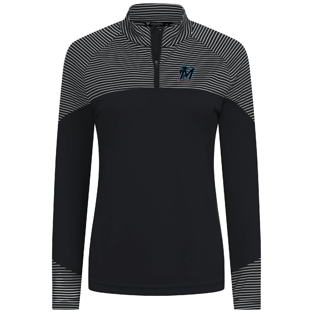 Miami Marlins Levelwear Women's Classic Stripes Insignia 2.0 Raglan Quarter-Zip Top - Black Tops