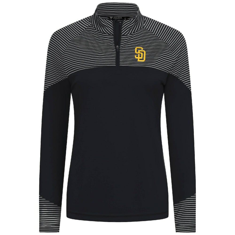 San Diego Padres Levelwear Women's Classic Stripes Insignia 2.0 Raglan Quarter-Zip Top - Black Tops