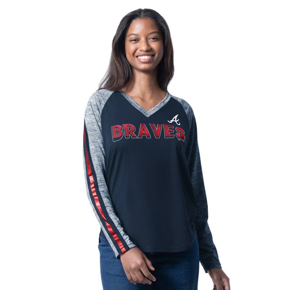 Atlanta Braves G-III 4Her by Carl Banks Women's Top Dog Raglan Long Sleeve V-Neck T-Shirt - Navy T-shirts