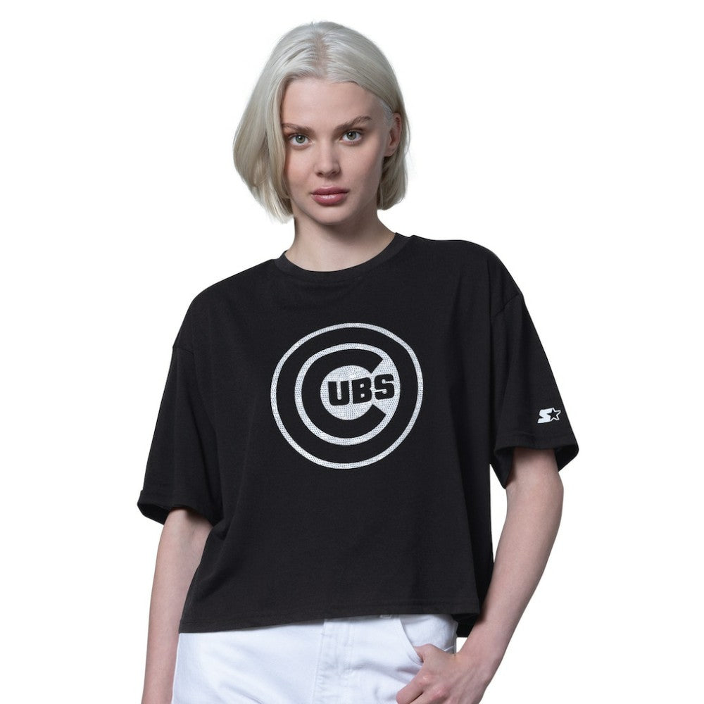 Chicago Cubs Starter Women's Holy Grail Boxy Cropped T-Shirt - Black T-shirts