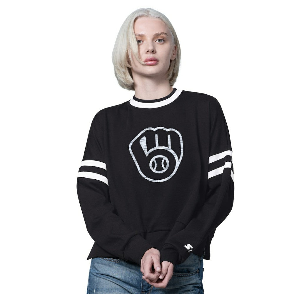 Milwaukee Brewers Starter Women's Rally Cropped Drop Shoulder Crewneck Sweatshirt - Black Sweatshirts