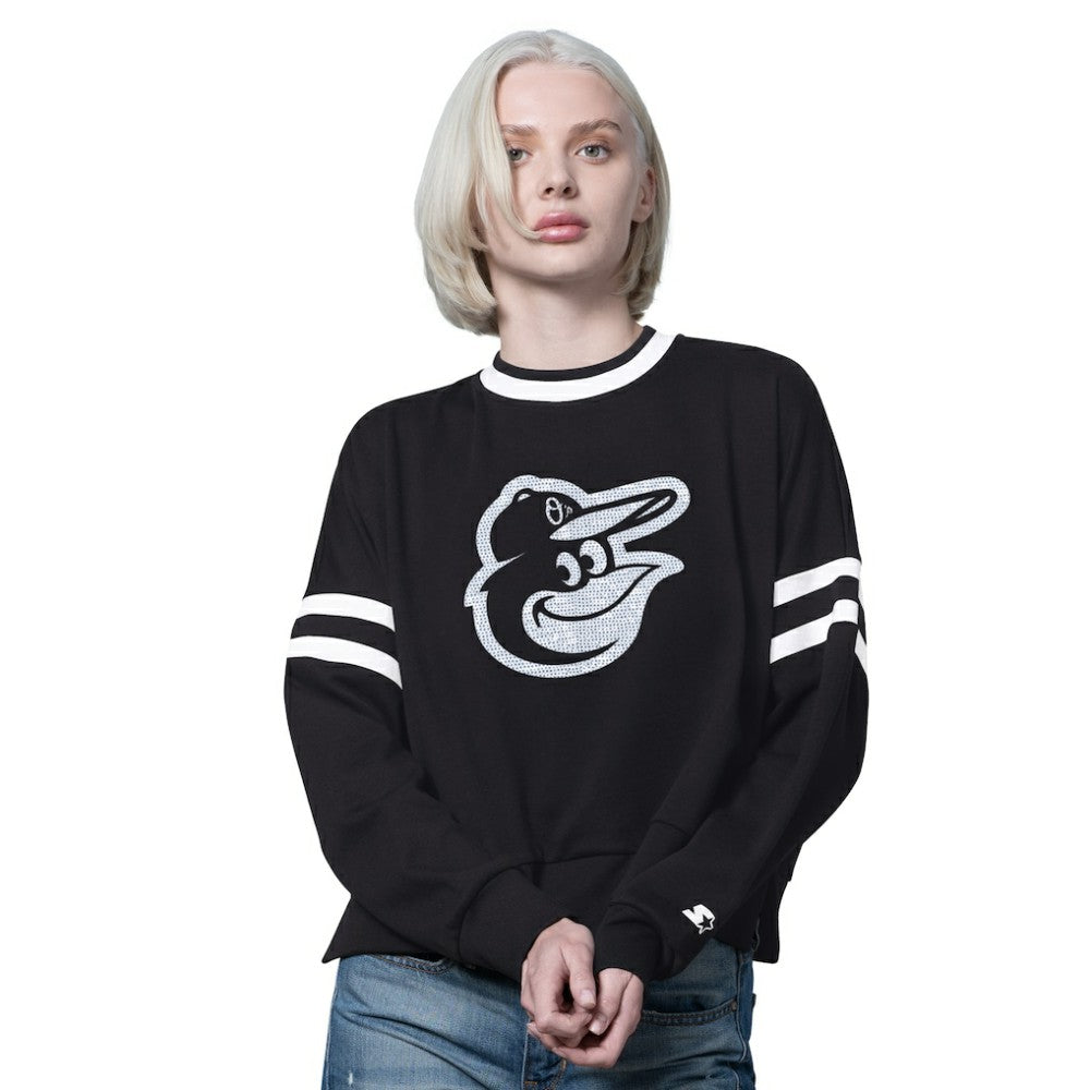 Baltimore Orioles Starter Women's Rally Cropped Drop Shoulder Crewneck Sweatshirt - Black Sweatshirts