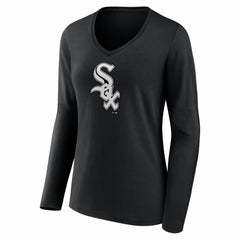 Chicago White Sox Women's Logo Long Sleeve V-Neck T-Shirt - Black T-shirts