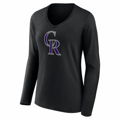 Colorado Rockies Women's Logo Long Sleeve V-Neck T-Shirt - Black T-shirts