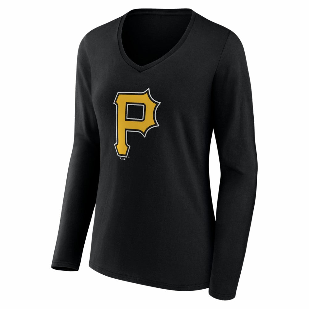 Pittsburgh Pirates Women's Logo Long Sleeve V-Neck T-Shirt - Black T-shirts