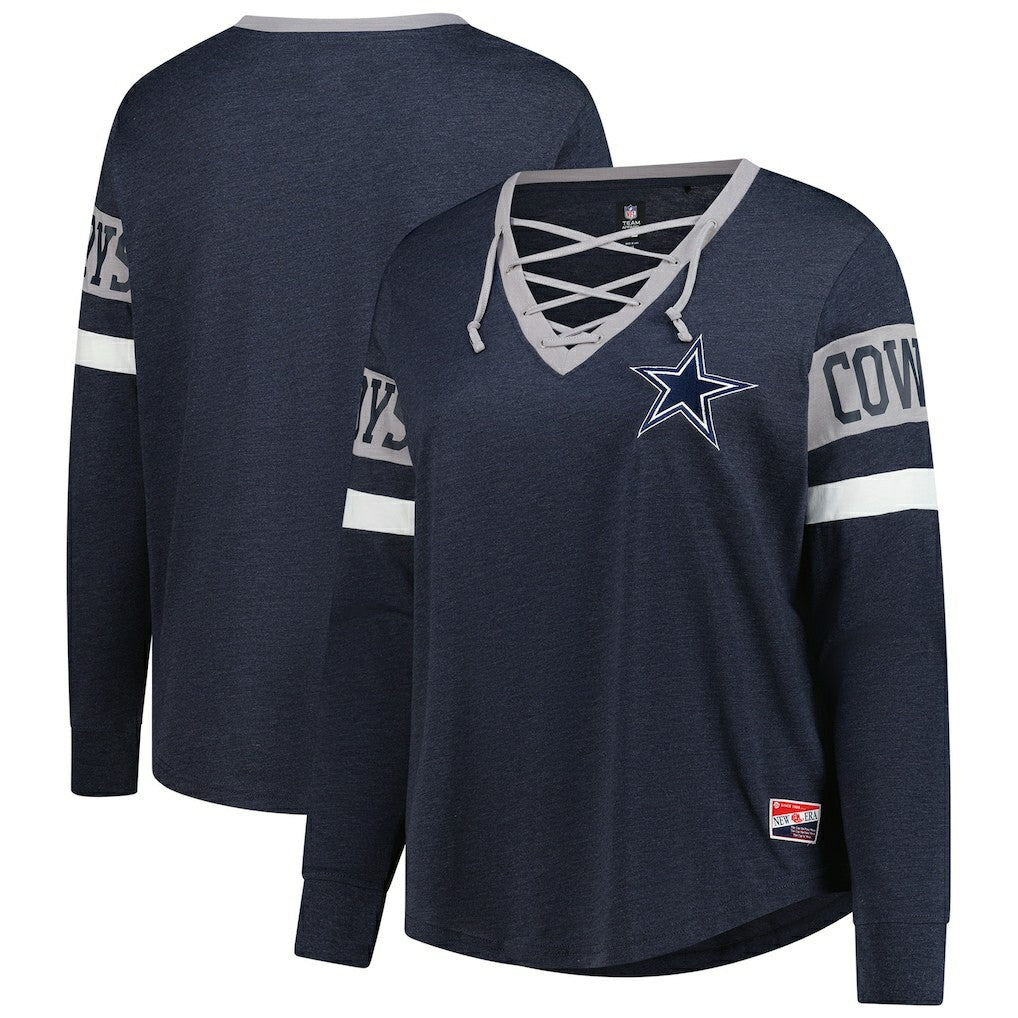 Dallas Cowboys New Era Women's Plus Size Throwback Lace-Up Long Sleeve T-Shirt - Navy T-shirts