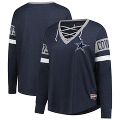 Dallas Cowboys New Era Women's Plus Size Throwback Lace-Up Long Sleeve T-Shirt - Navy T-shirts