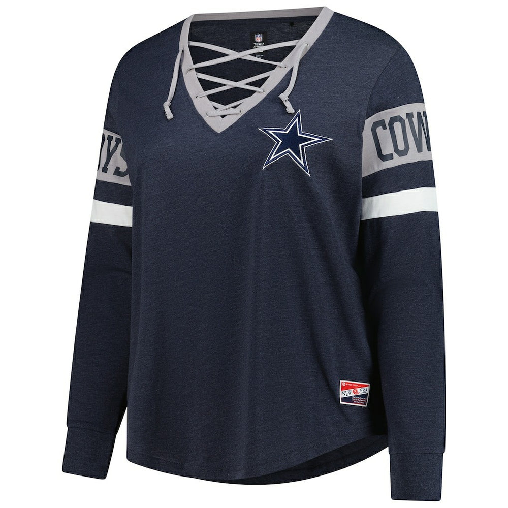 Dallas Cowboys New Era Women's Plus Size Throwback Lace-Up Long Sleeve T-Shirt - Navy T-shirts