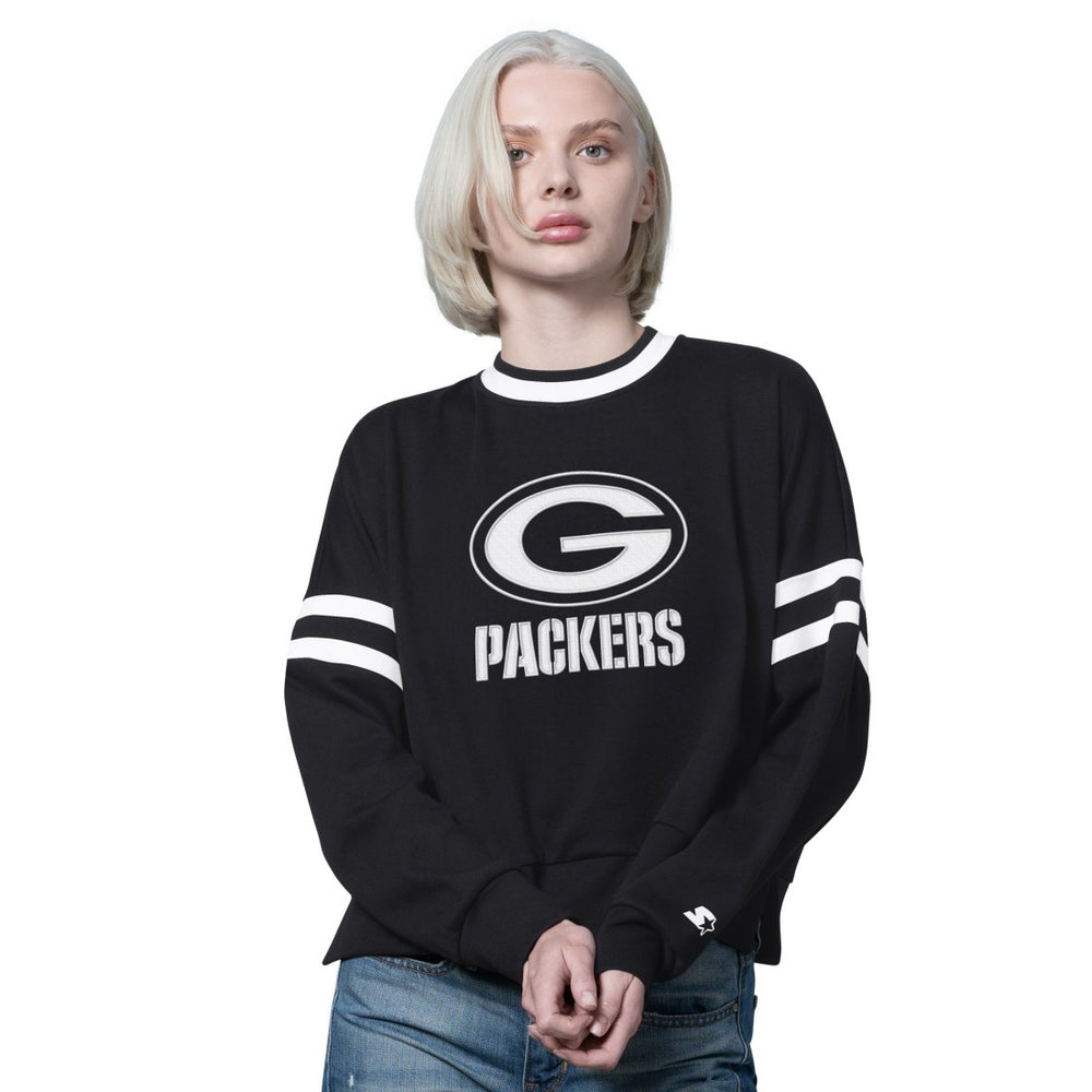 Green Bay Packers Starter Women's Rally Drop Shoulder Cropped Sweatshirt - Black Sweatshirts