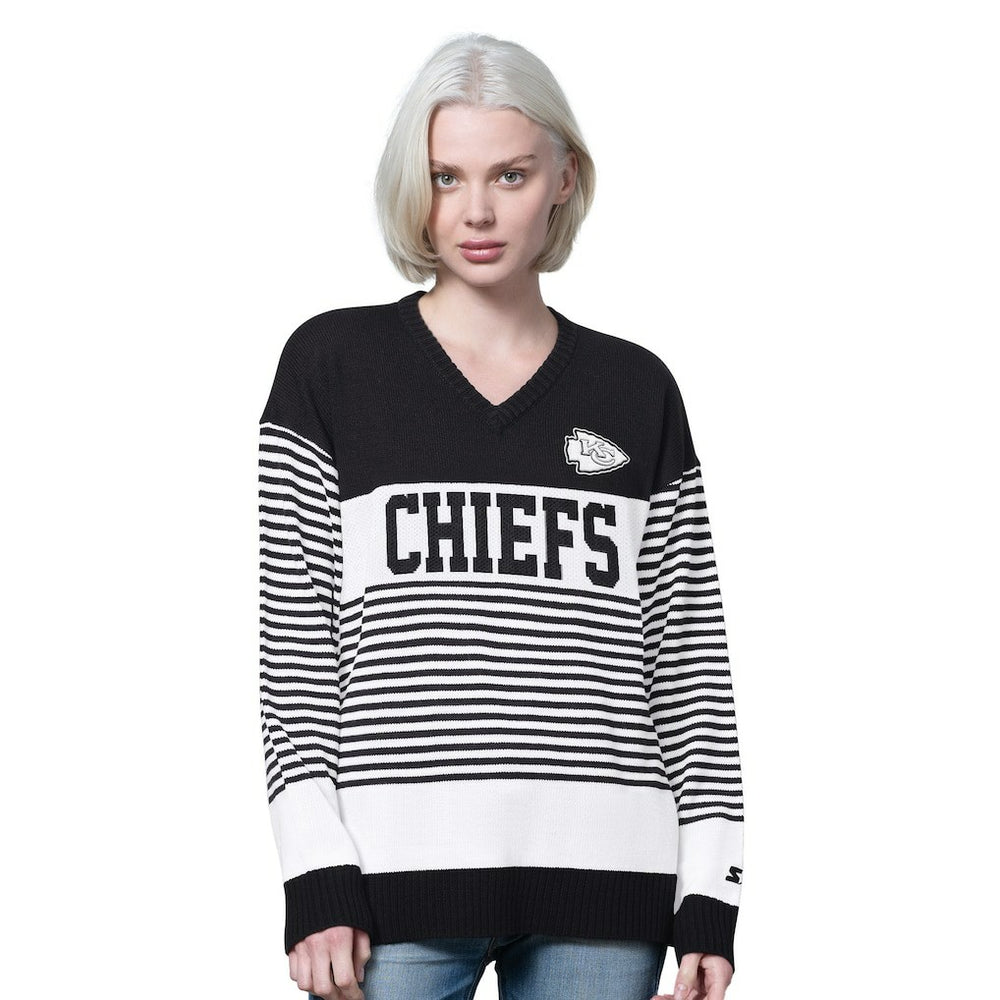Kansas City Chiefs Starter Women's No Huddle Striped V-Neck Sweater - Black