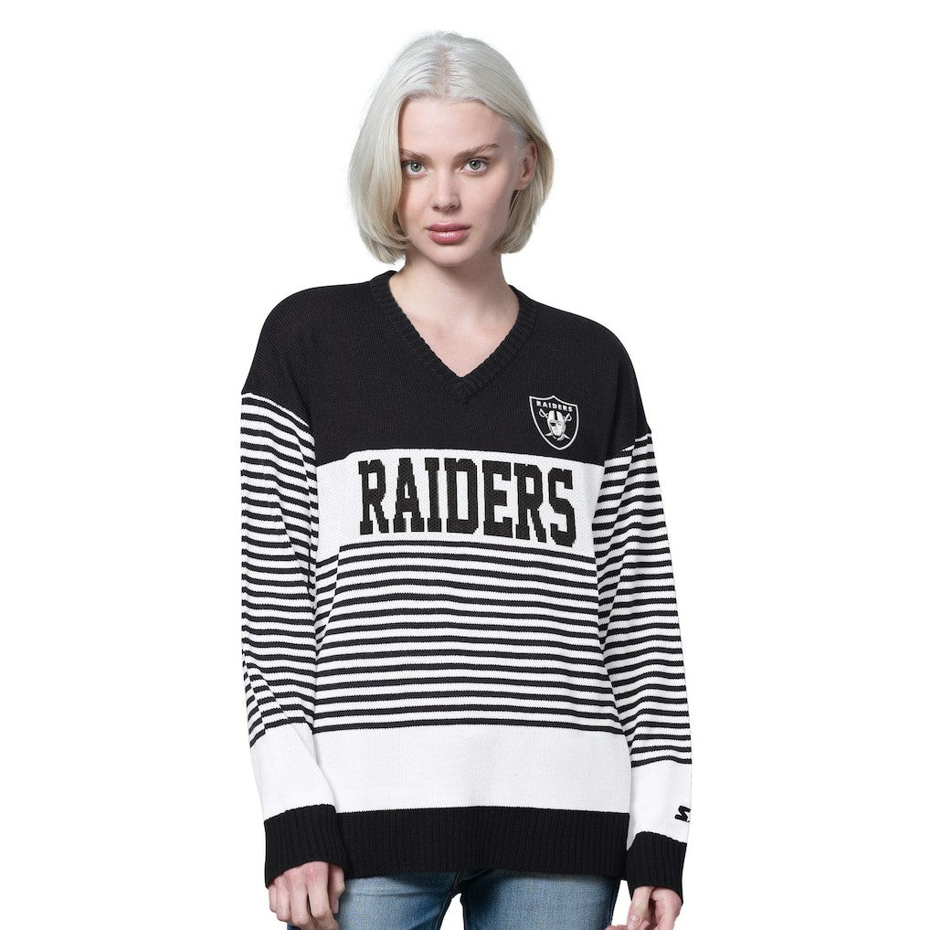 Las Vegas Raiders Starter Women's No Huddle Striped V-Neck Sweater - Black