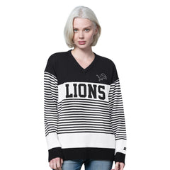 Detroit Lions Starter Women's No Huddle Striped V-Neck Sweater - Black