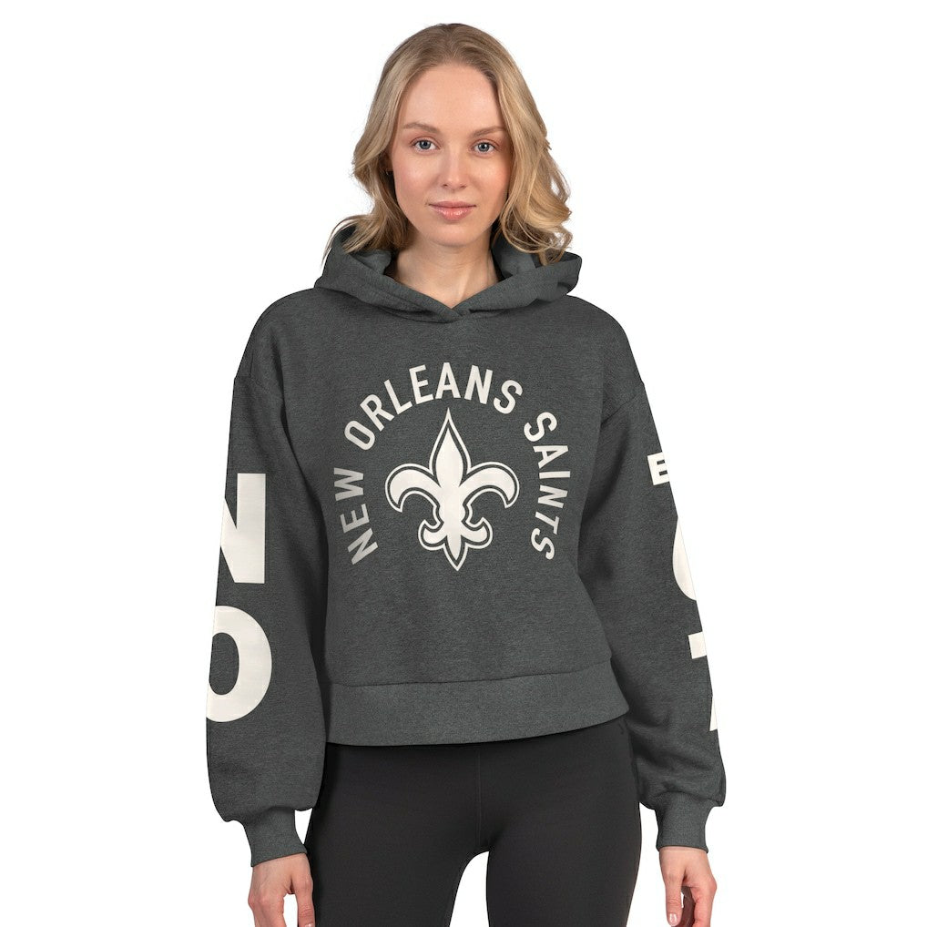 New Orleans Saints Starter Women's Star Player Cropped Fleece Pullover Hoodie - Heather Charcoal Hoodies