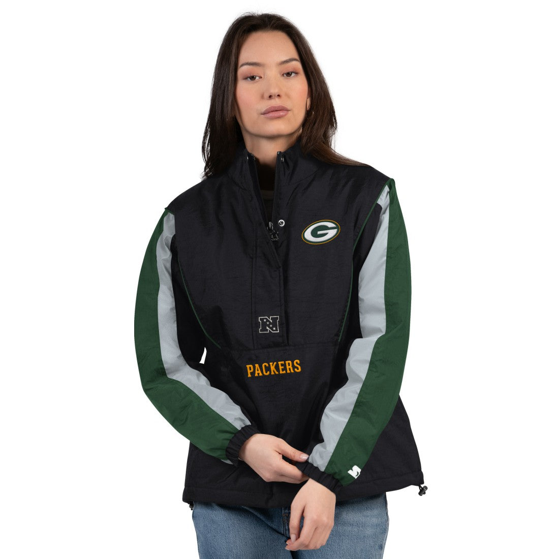 Green Bay Packers Starter Women's Thursday Night Gridiron Half-Zip Jacket - Black/Green Jackets