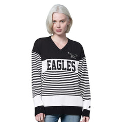 Philadelphia Eagles Starter Women's No Huddle Striped V-Neck Sweater - Black