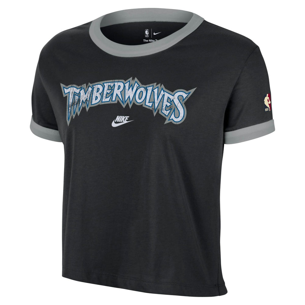 Minnesota Timberwolves Women's Classic Edition Hardwood Classics Essential Vintage Ringer T-Shirt Black - Nike