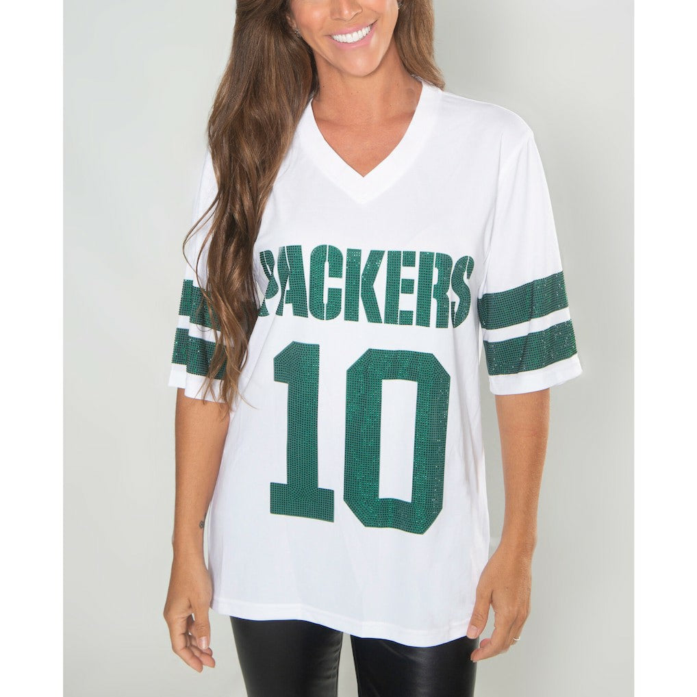 Jordan Love Green Bay Packers Cuce Women's Crystal V-Neck Tunic - White