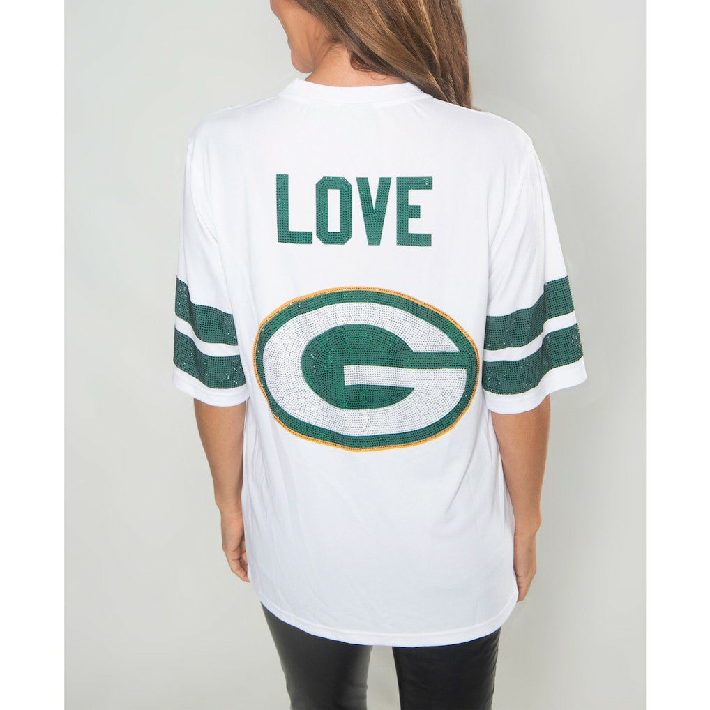 Jordan Love Green Bay Packers Cuce Women's Crystal V-Neck Tunic - White