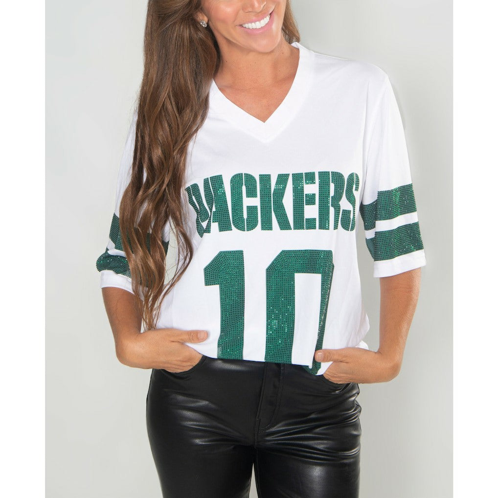 Jordan Love Green Bay Packers Cuce Women's Crystal V-Neck Tunic - White