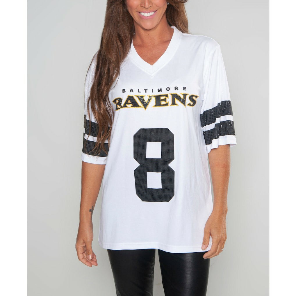 Lamar Jackson Baltimore Ravens Cuce Women's Crystal V-Neck Tunic - White