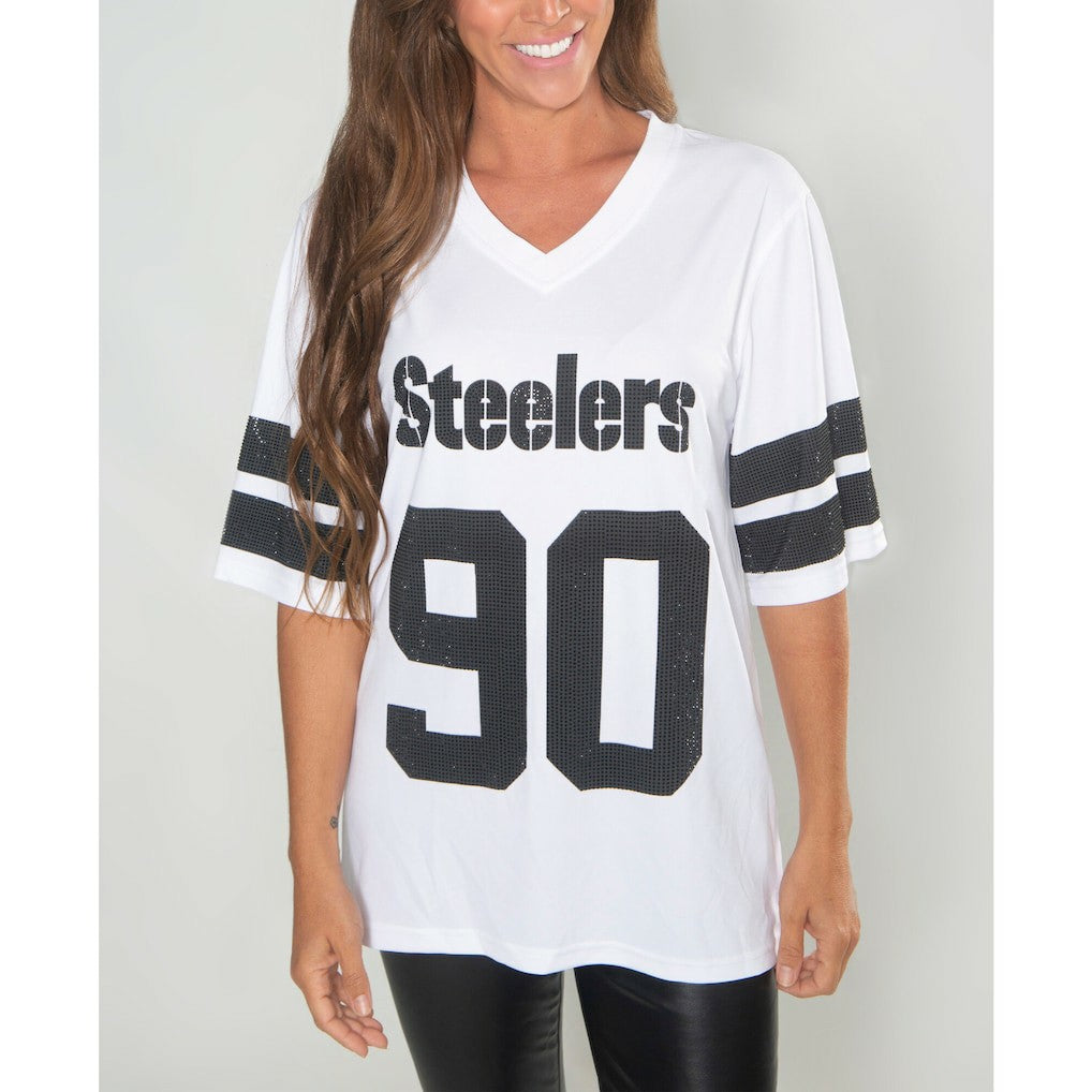 T.J. Watt Pittsburgh Steelers Cuce Women's Crystal V-Neck Tunic - White