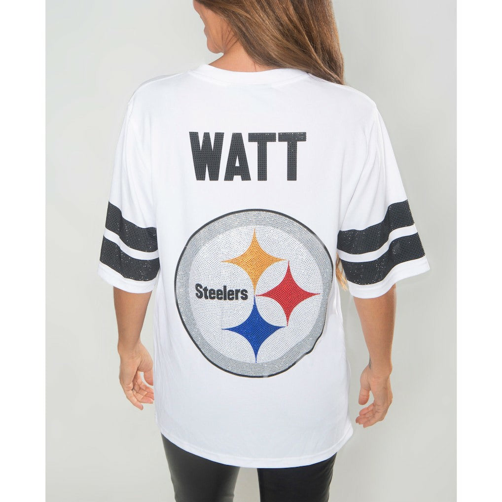 T.J. Watt Pittsburgh Steelers Cuce Women's Crystal V-Neck Tunic - White
