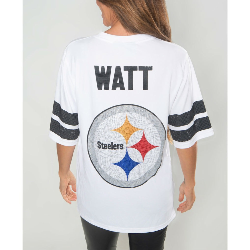 T.J. Watt Pittsburgh Steelers Cuce Women's Crystal V-Neck Tunic - White