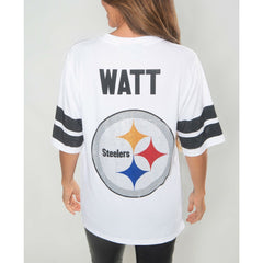 T.J. Watt Pittsburgh Steelers Cuce Women's Crystal V-Neck Tunic - White