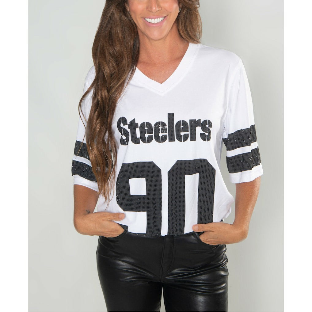 T.J. Watt Pittsburgh Steelers Cuce Women's Crystal V-Neck Tunic - White