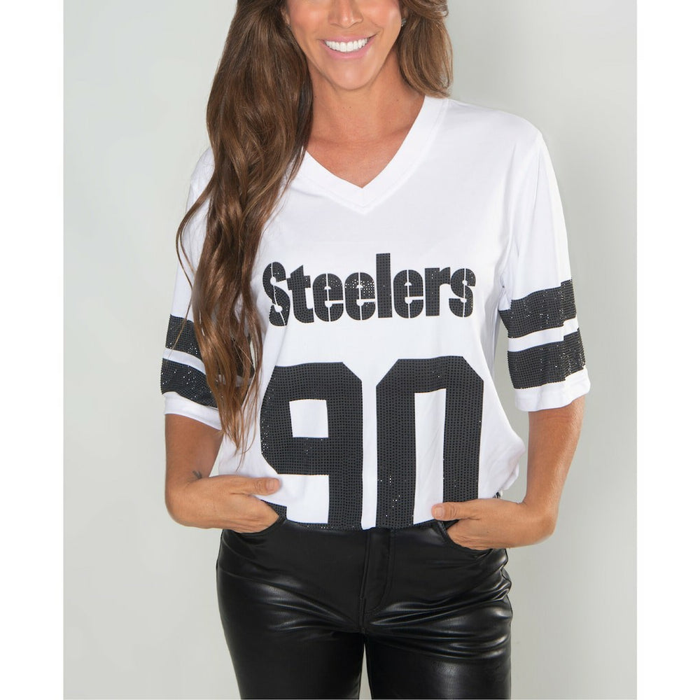 T.J. Watt Pittsburgh Steelers Cuce Women's Crystal V-Neck Tunic - White