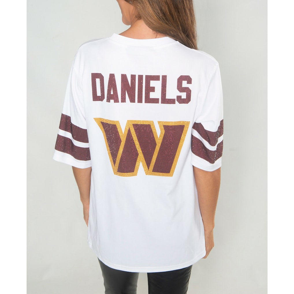 Jayden Daniels Washington Commanders Cuce Women's Crystal V-Neck Tunic - White
