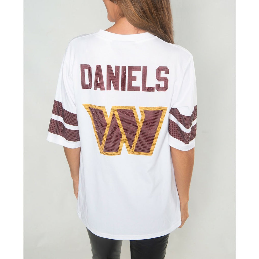 Jayden Daniels Washington Commanders Cuce Women's Crystal V-Neck Tunic - White