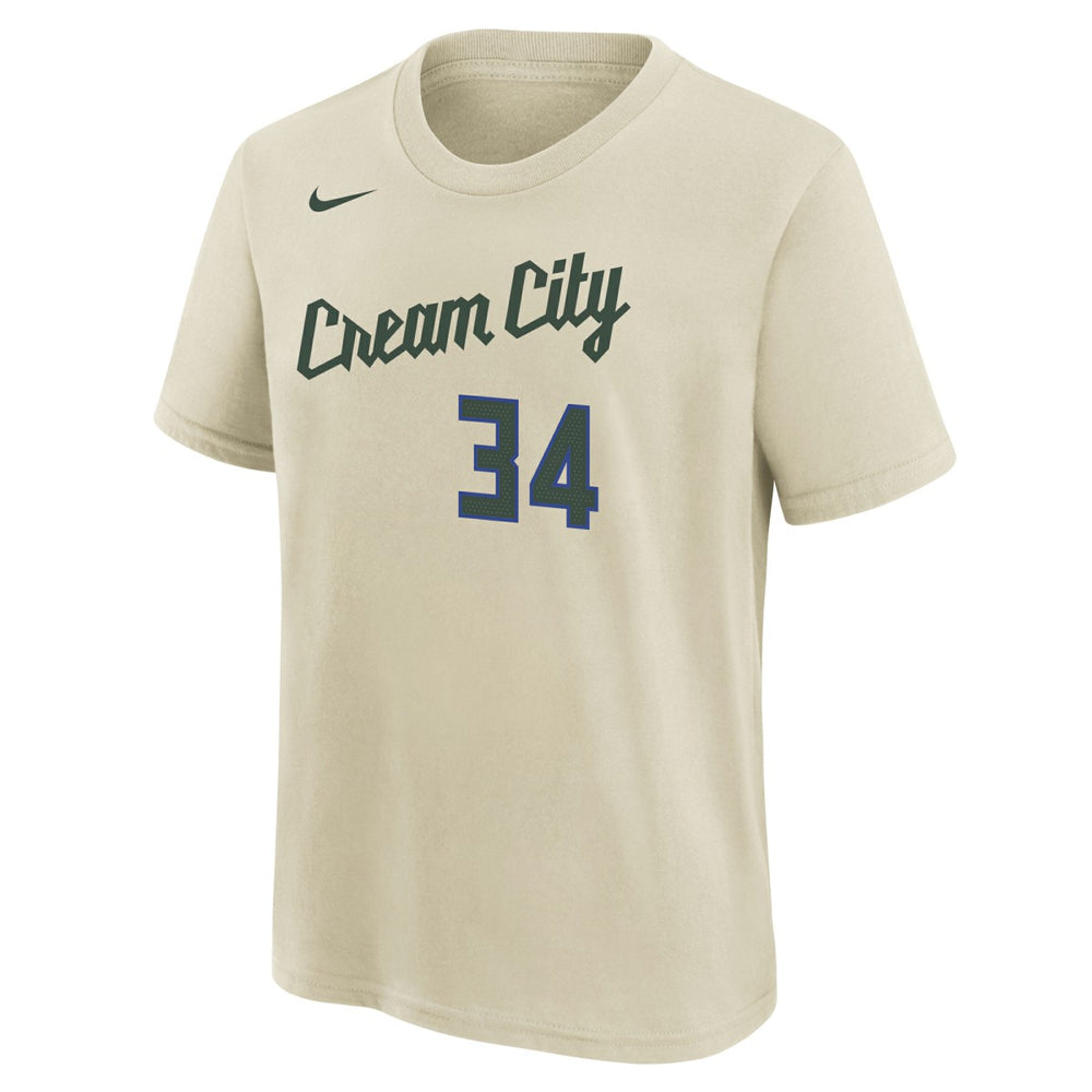 Giannis Antetokounmpo Milwaukee Bucks Youth 2025/26 City Edition Name & Number T-Shirt Cream - Nike outlet