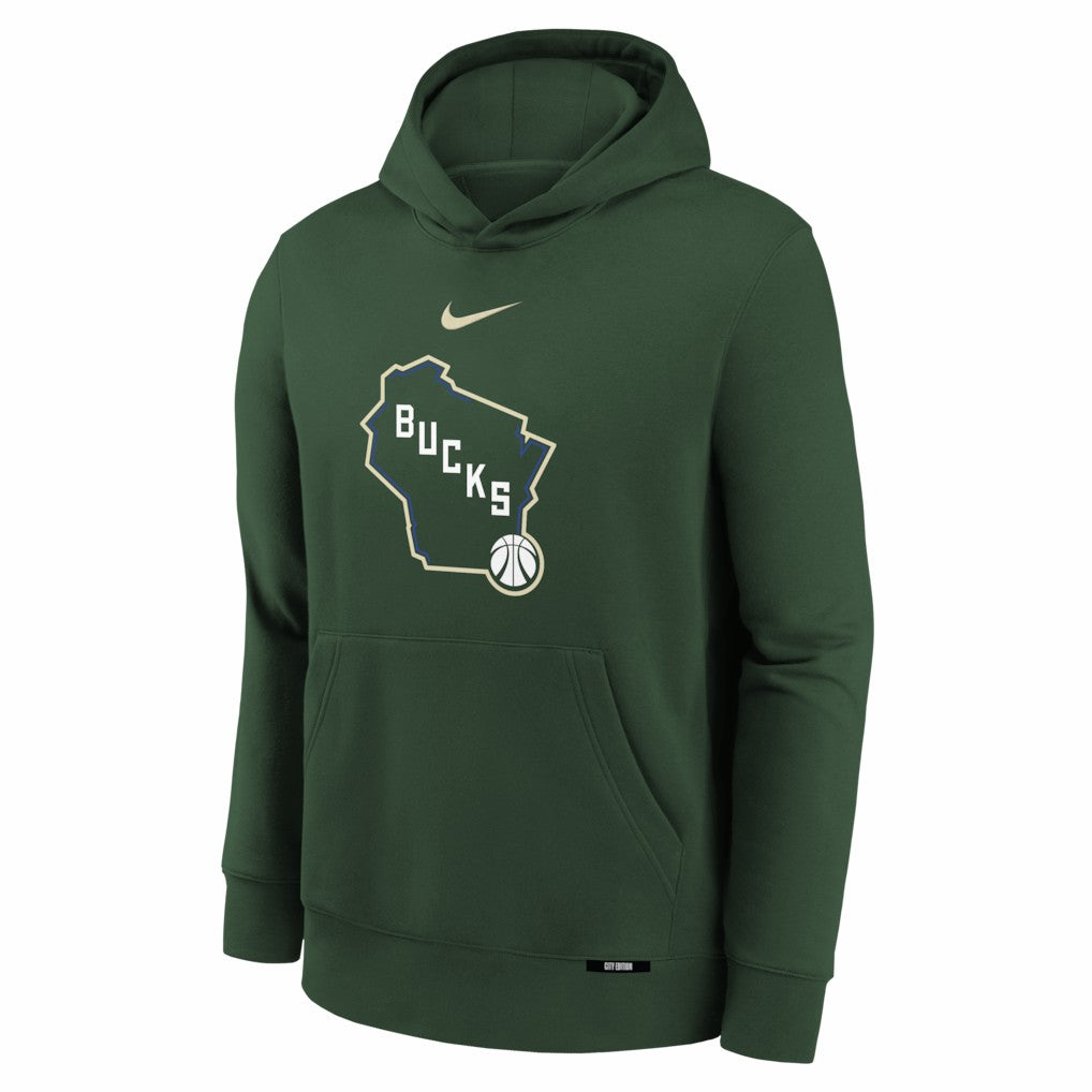Milwaukee Bucks Youth 2025/26 City Edition Club Fleece Pullover Hoodie Hunter Green - Nike