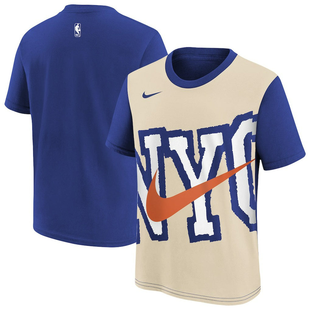 New York Knicks Youth 2025/26 City Edition Max90 T-Shirt Light Beige/Blue - Nike