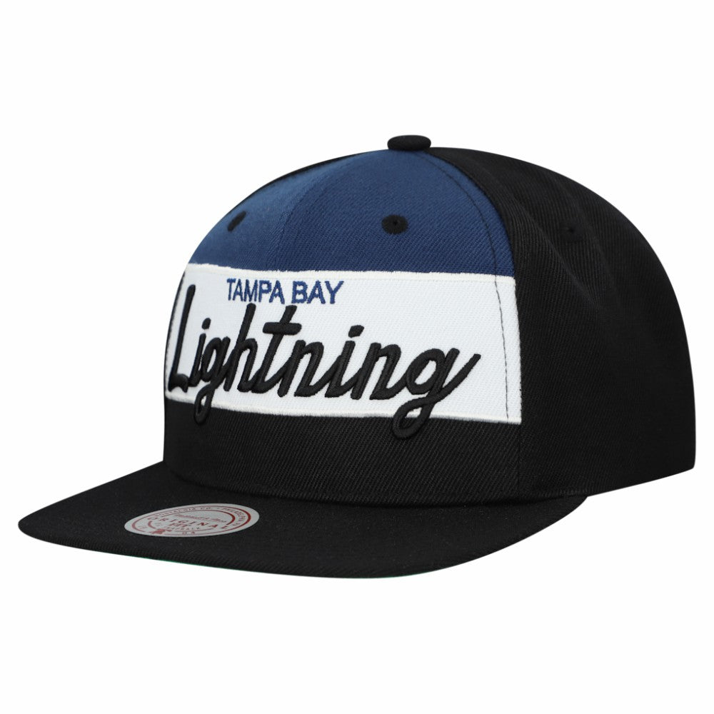 Tampa Bay Lightning Mitchell & Ness Retro Script Colorblock Snapback Hat - Black | US 202950563