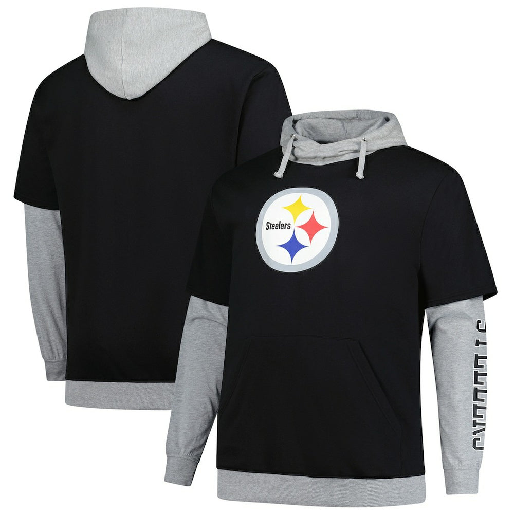 Pittsburgh Steelers Big & Tall Twofer Pullover Hoodie - Black/Heather Gray Hoodies