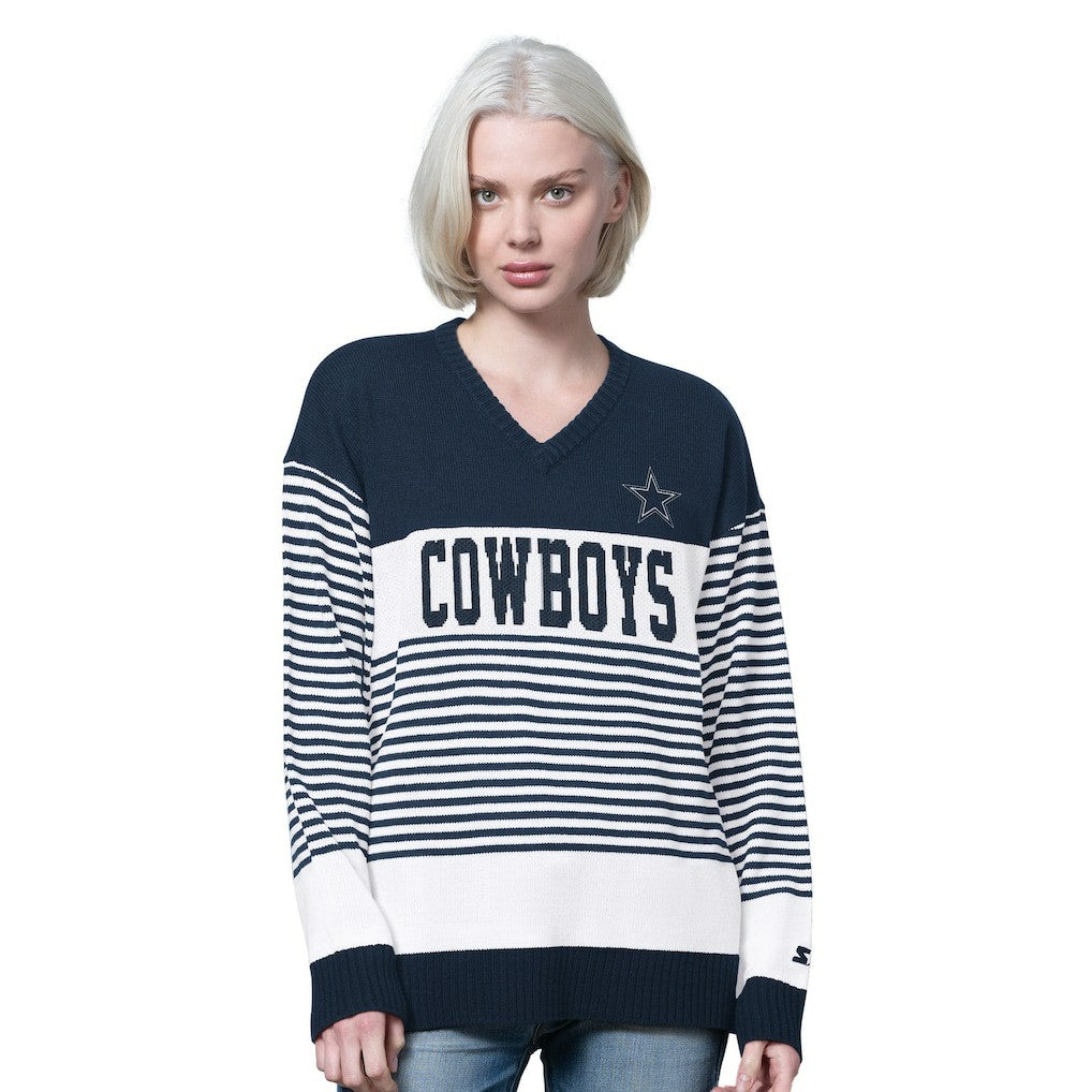 Dallas Cowboys Starter Women's No Huddle Striped V-Neck Sweater - Navy