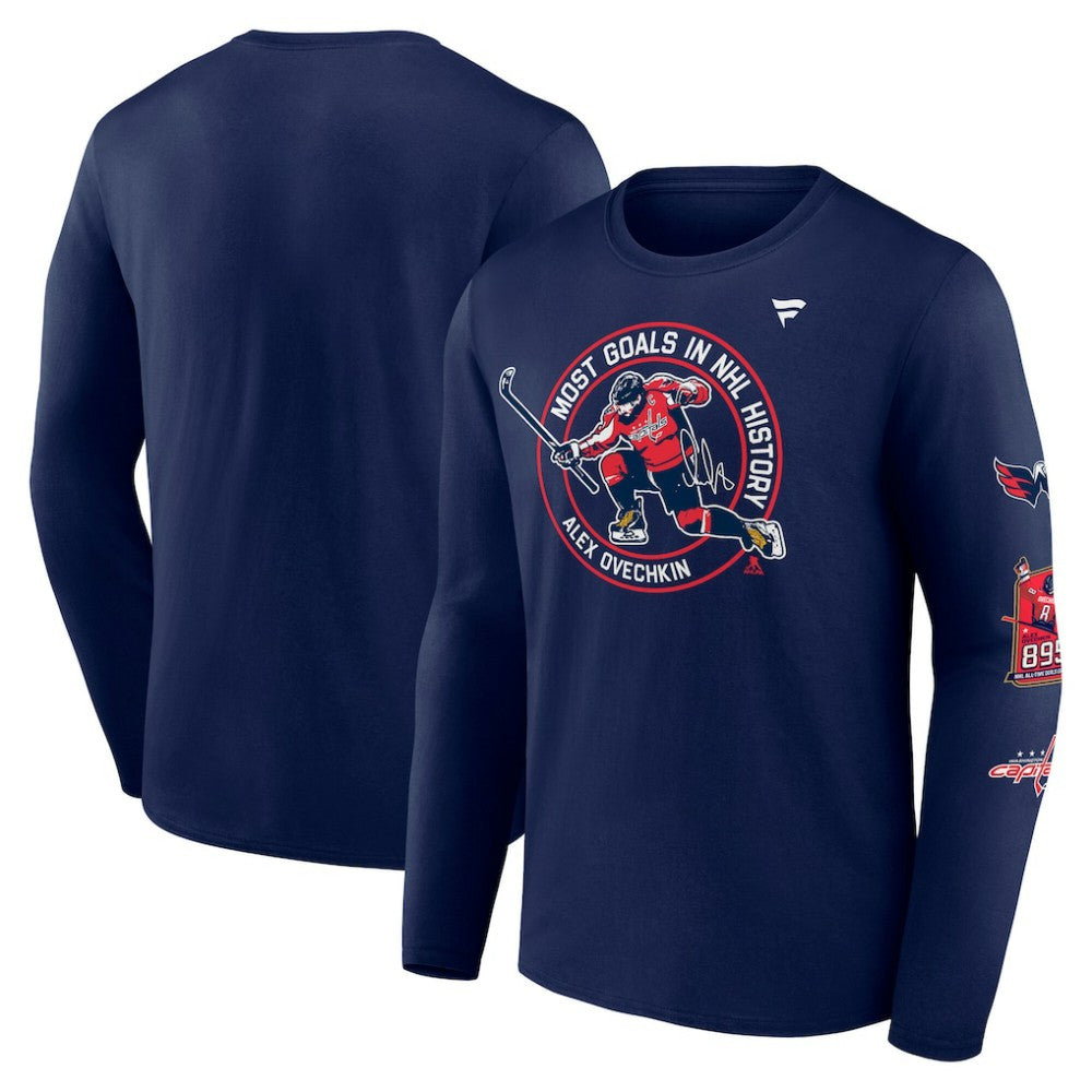 Alexander Ovechkin Washington Capitals Fanatics NHL All-Time Leading Goal Scorer Badges Long Sleeve T-Shirt - Athletic Navy | US 202976008
