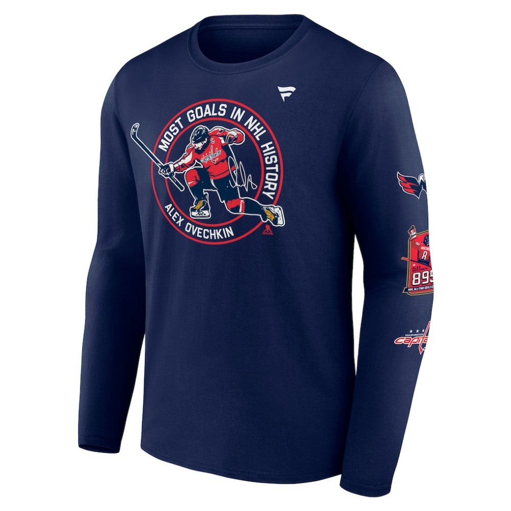 Alexander Ovechkin Washington Capitals Fanatics NHL All-Time Leading Goal Scorer Badges Long Sleeve T-Shirt - Athletic Navy | US 202976008