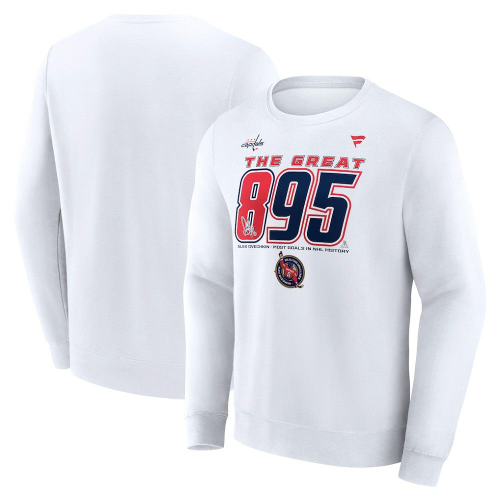 Alexander Ovechkin Washington Capitals Fanatics NHL All-Time Leading Goal Scorer The Great 895 Fleece Pullover Sweatshirt - White | US 202976011