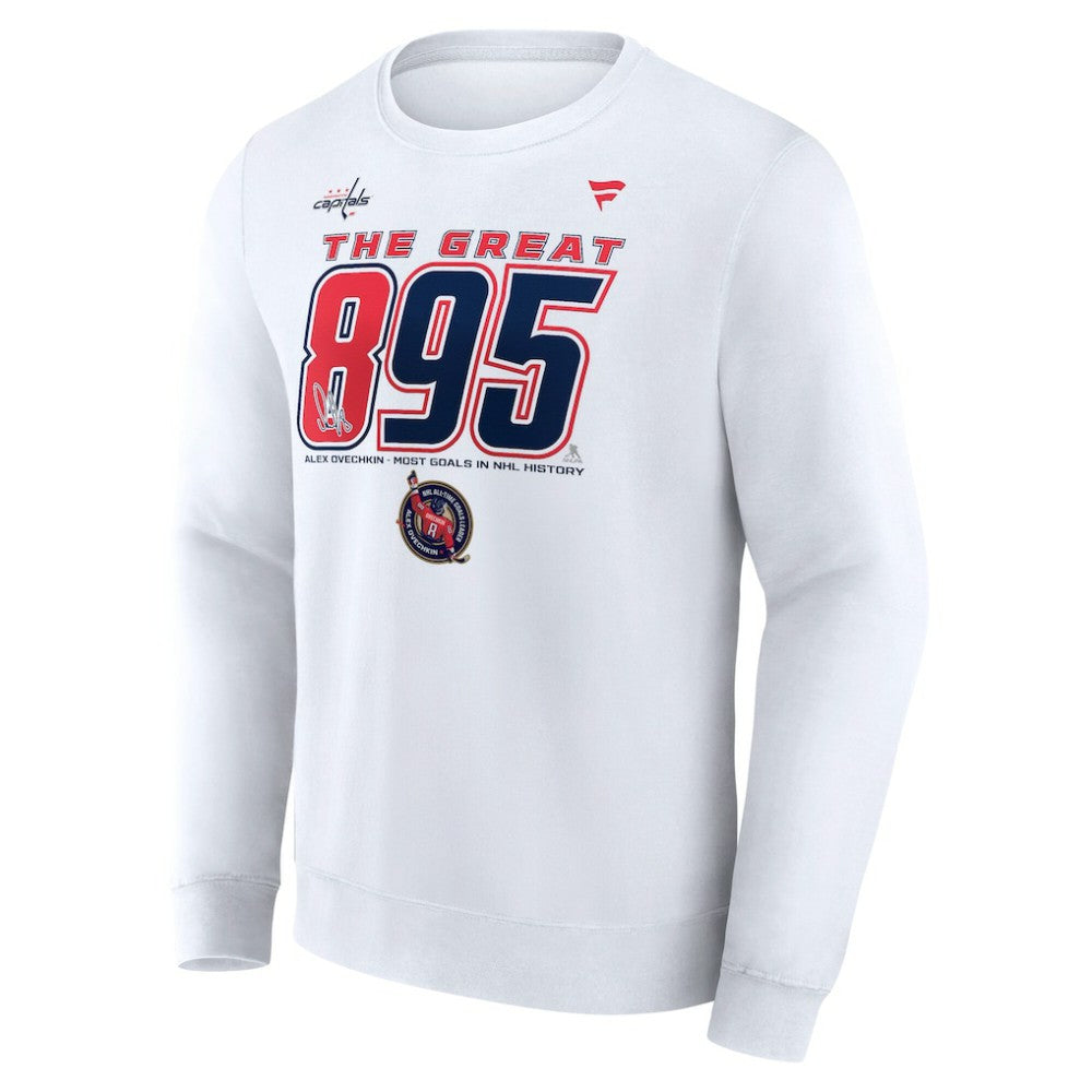 Alexander Ovechkin Washington Capitals Fanatics NHL All-Time Leading Goal Scorer The Great 895 Fleece Pullover Sweatshirt - White | US 202976011